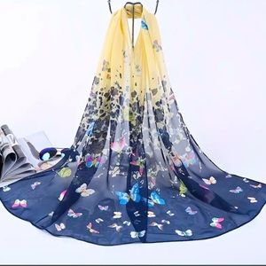 Beach Cover Up - Large Navy Blue w/ Butterflies Chiffon Scarf - 59x19 inches